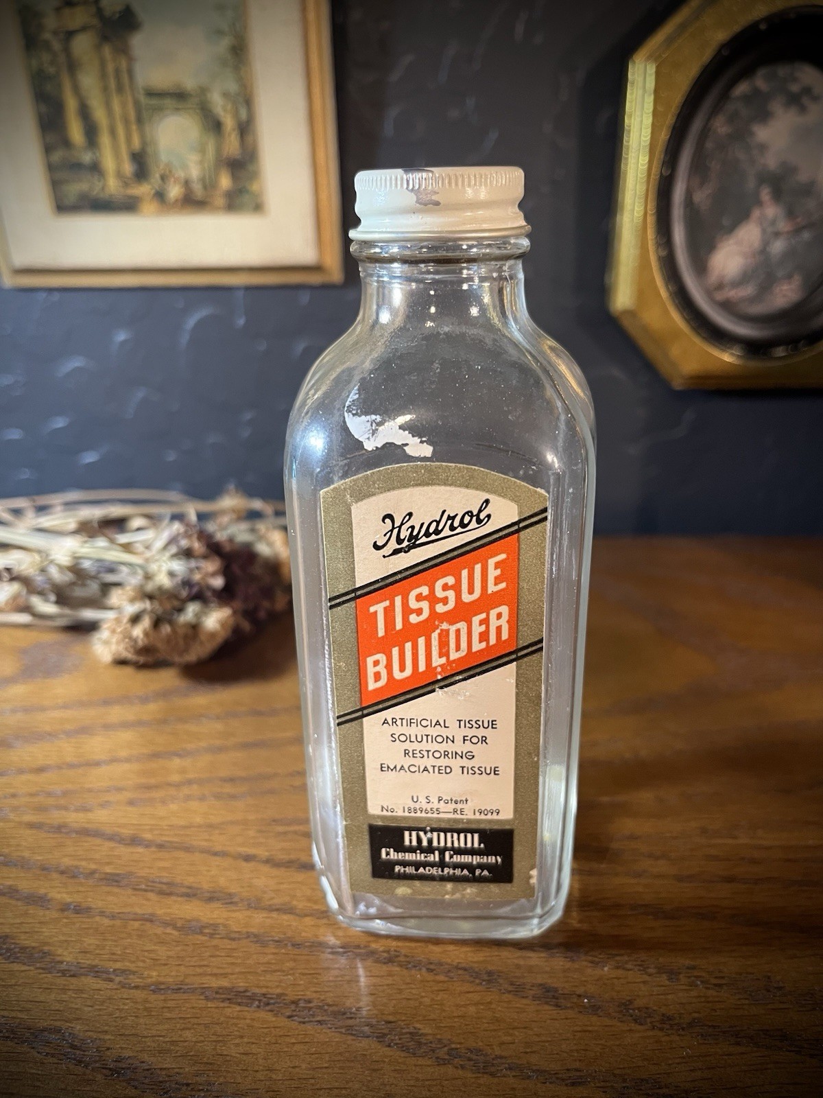 Vintage embalming Hydrol chemical co tissue builder glass bottle Philadelphia