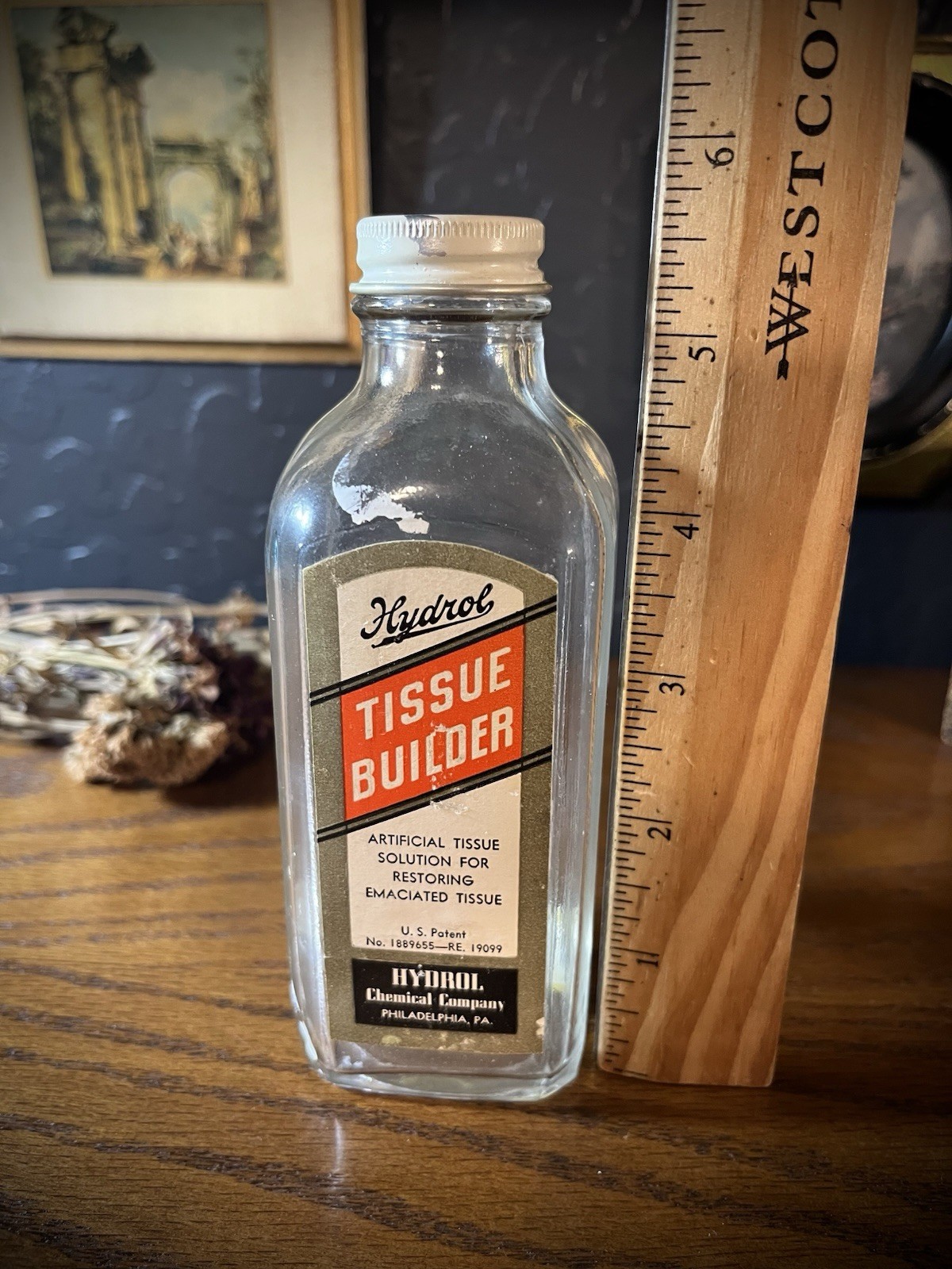 Vintage embalming Hydrol chemical co tissue builder glass bottle Philadelphia