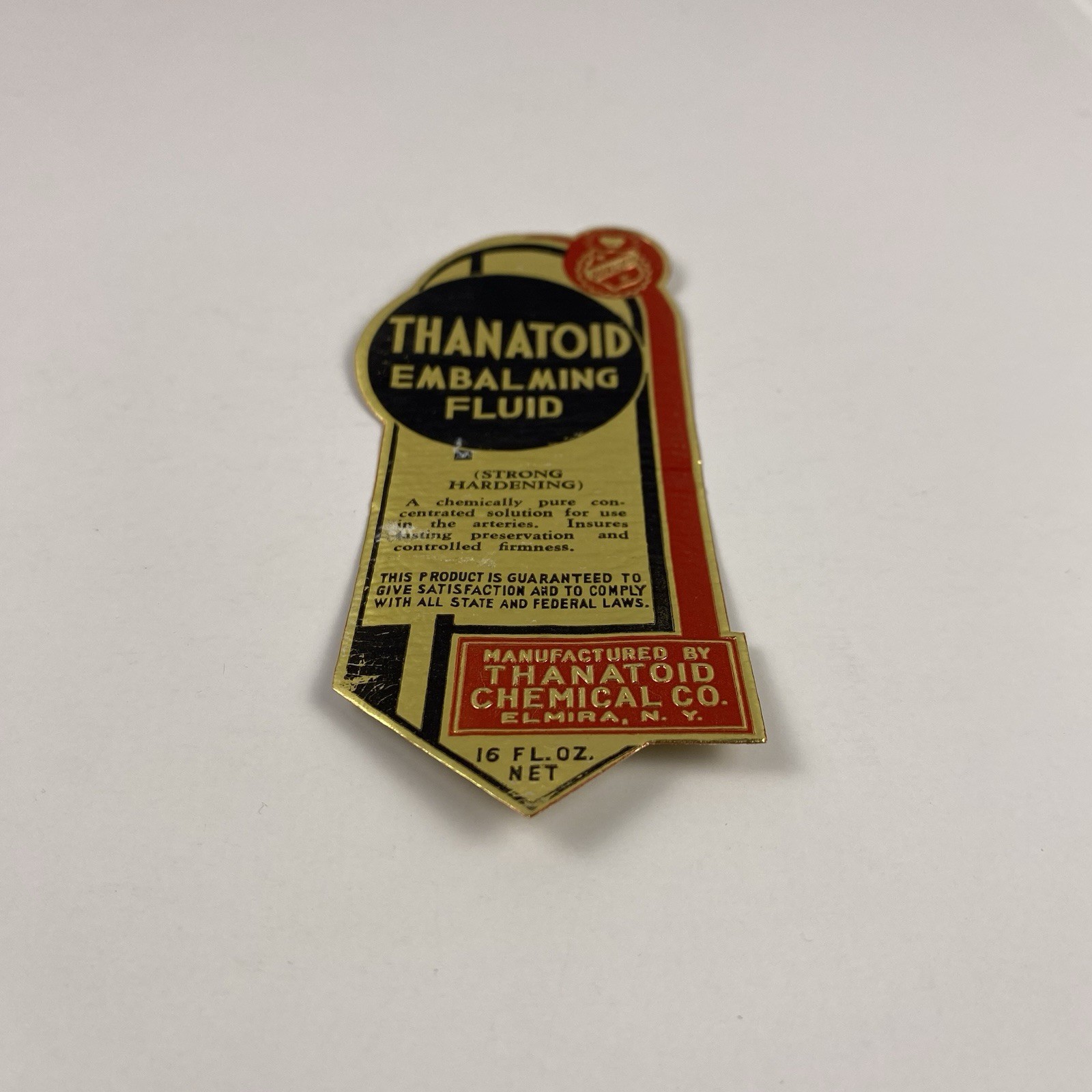 Vintage 1930s Thanatoid Embalming Fluid LABEL Embossed Elmira New York