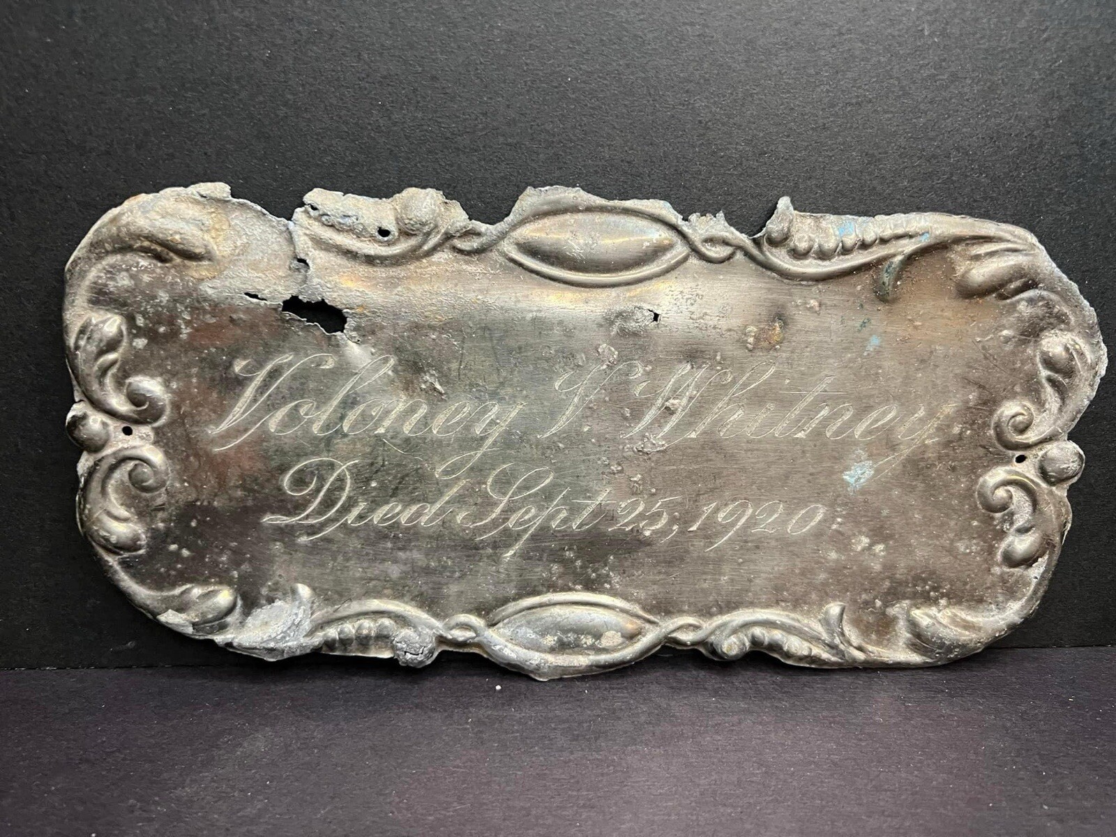 Antique Funeral Casket Plate 1920 Voloney V Whitney Coffin Mortuary