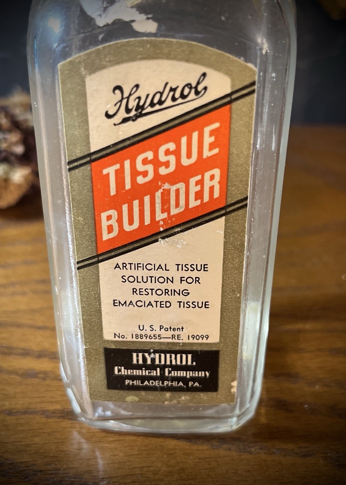 Vintage embalming Hydrol chemical co tissue builder glass bottle Philadelphia