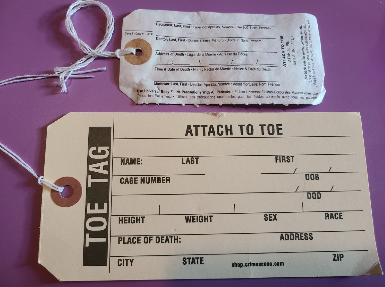 2 Morgue Funeral Identification Toe Tags Mortuary