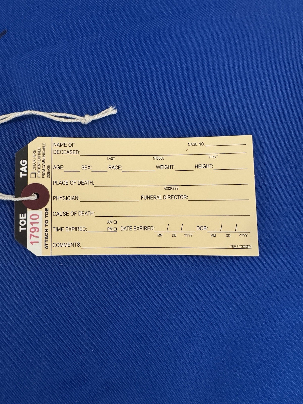 Toe tag Coroner and Funeral identification tag Morgue